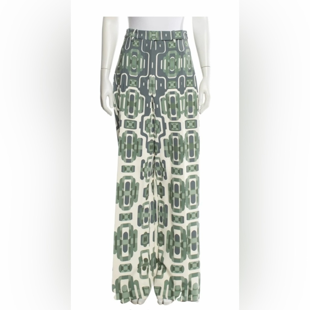 Alexis Green and Ivory Geometric Wide-Leg Pants